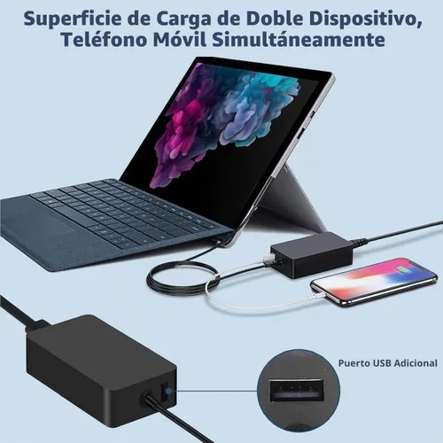 Vista 4 de Cargador Surface Pro de 65 W, cargador de computadora portátil compatible con Microsoft Surface Pro11 10 9 8 7+ 7 6 5 4 X, compatible con portátiles