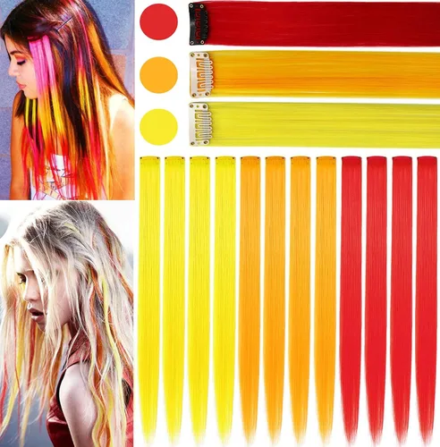 Vista 8 de 12 extensiones de cabello azul con clip en reflejos de 20 pulgadas, extensiones de cabello lacio de color liso con clip para mujer, peluca arcoíris