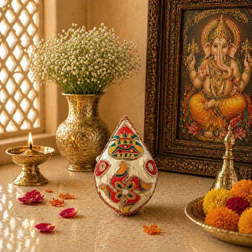 Vista 6 de LOVENSPIRE Shriphal Mangal Kalash Coco decorado para boda Shagun Decorativo Nariyal Mangal Nariyal Kalash Set Boda Pooja Nariyal Decorado Nariyal