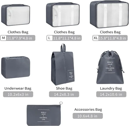 Vista 2 de Juego de 7 cubos de embalaje, esenciales de viaje para llevar de mano, organizadores de equipaje de viaje ligeros esenciales, ropa y zapatos, cubo