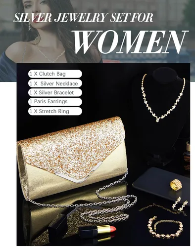 Vista 4 de Henoyso Juego de 5 piezas de joyería de diamantes de imitación con diamantes de imitación, bolso de mano para novia, graduación, collar, aretes