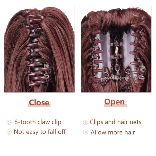 Vista 4 de Extensión de cola de caballo color castaño caoba, pinza de 20 pulgadas para mujeres, extensiones de cabello sintético ondulado, cola de caballo