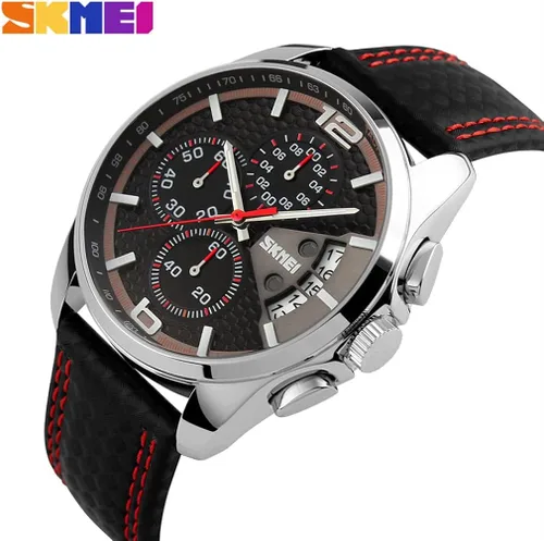 Vista 3 de SKMEI Men Watches Black Leather Band Sports Large Big Face Luxury Waterproof Luminous Fashion Dress Casual Analog Quartz Chronograph Father Gifts