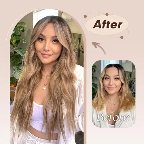 Vista 6 de FESHFEN Extensiones de cabello con clip - 4 piezas Extensiones de cabello sintético ondulado largo y grueso con clip para cabeza completa