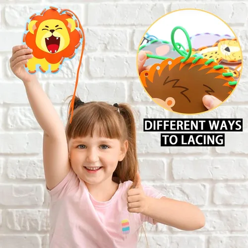 Vista 4 de Paquete de 12 tarjetas de encaje de animales de la selva, kits de costura para niños, león, animales salvajes, cartón, tarjetas de costura de doble