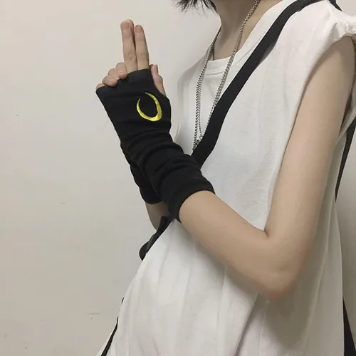 Vista 3 de Guantes góticos para mujer, sin dedos, punk, ninja, luna, sol, rayo bordado