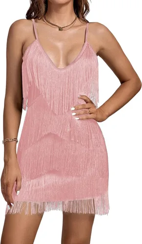 Vista 4 de Umenlele Minivestido sin mangas con flecos en capas y cuello en V profundo para mujer