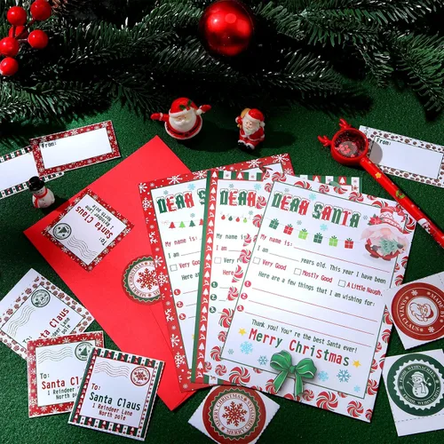 Vista 5 de 75 piezas de kit de escritura de cartas a Papá Noel, lista de deseos navideños, 15 cartas en blanco de Navidad para rellenar con sobres rojos