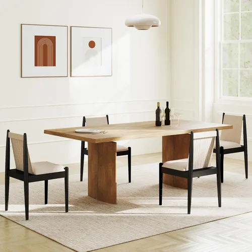 Vista 8 de DUOMAY Juego de 2 sillas de comedor modernas tapizadas de lino beige, sillas de madera sin brazos con cojín de asiento acolchado y marco resistente