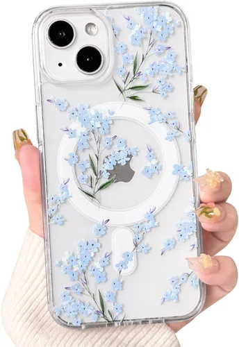 Vista 75 de NITITOP Funda magnética transparente compatible con iPhone 14 Plus/15 Plus, compatible con MagSafe lindas flores, hojas florales para mujeres