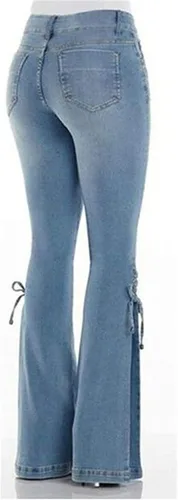 Vista 2 de TKMUNY Pantalones de mezclilla con cordones para mujer, cintura media, elásticos, acampanados, pantalones de mezclilla para jóvenes, leggings