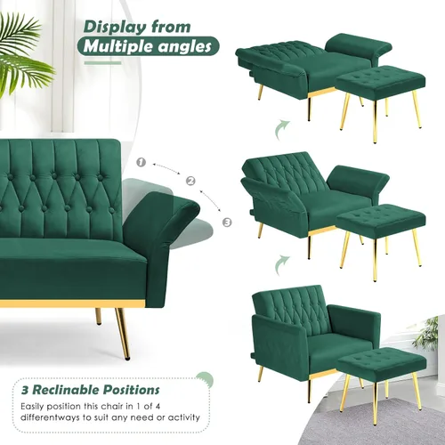 Vista 4 de Silla decorativa de terciopelo con respaldo y reposabrazos ajustables, color verde