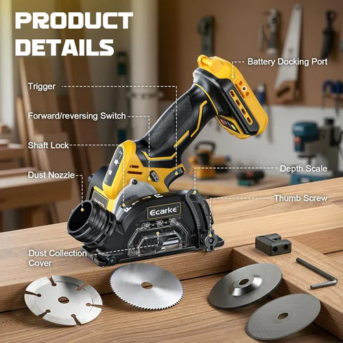 Vista 6 de Ecarke Herramienta de corte inalámbrica compatible con batería DeWalt de 20 V, motor sin escobillas de sierra circular de 3 pulgadas con cuchillas