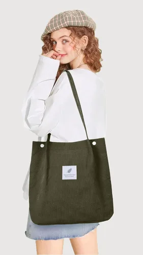 Vista 6 de Bolsa Tote de Pana para Mujeres Pequeña Bolsa de Lona para Hombro Bolsa de Mano de Pana con Bolsillo Interior 02 Verde Ejército