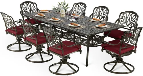 Vista 32 de VIVIJASON Juego de comedor al aire libre de 9 piezas, juego de mesa y sillas de patio de aluminio fundido para 8, incluye mesa rectangular de 94.5