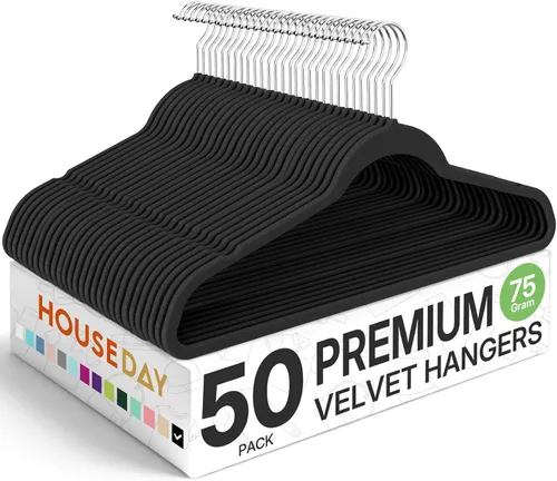 Vista 26 de HOUSE DAY - Paquete de 50 perchas de terciopelo premium, perchas antideslizantes de fieltro aterciopelado, perchas resistentes para ropa con gancho