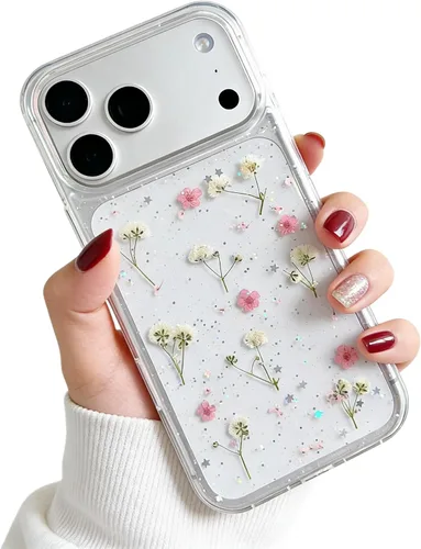Vista 8 de Funda floral para iPhone 17 con flores reales prensadas, bonito diseño de flores secas prensadas transparentes con purpurina para mujer, suave TPU