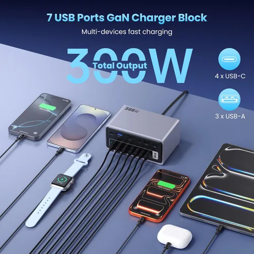 Vista 8 de Estación de acoplamiento USB 20-en-1, estación de carga de 300W, Hub USB-C de triple pantalla con 2x4K HDMI, DP, VGA, Ethernet, 7 puertos USB-A/C