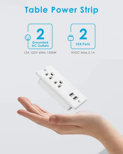 Vista 2 de Regleta de alimentación empotrada con USB, cable de extensión ultrafino con enchufe plano, estación de carga de escritorio de muebles para mesa
