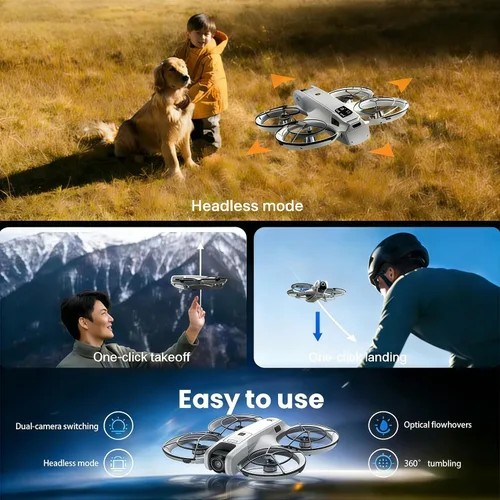 Vista 6 de Drone RC con control remoto de pantalla con pantalla de control remoto, protector de hélice, cámara doble, ajuste de velocidad, retención
