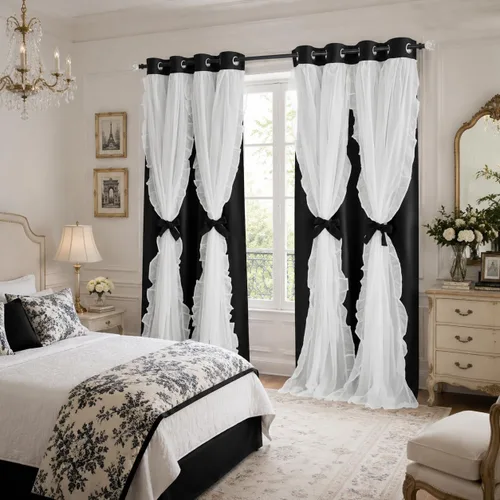 Vista 10 de PONY DANCE 100% Blackout Beige Curtains for Bedroom, Double Layer Room Darkening Drapes with White Ruffle Sheer Overlay, Boho Living Room Decor
