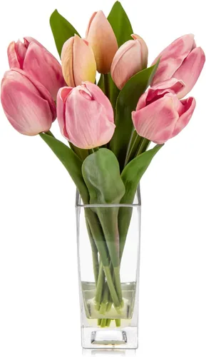 Vista 10 de Briful Flores Artificiales Flor de Tulipán Artificial Blanca en Jarrón Transparente, Arreglo de Tulipanes de Espuma de Tacto Real Adecuado