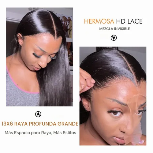 Vista 5 de Hermosa Pelucas de cabello humano lacio con encaje frontal HD de 13 x 6 Negro
