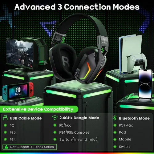 Vista 7 de WESEARY 7.1 Wireless Gaming Headset with Microphone for PS4, PS5, PC, Switch, Mac, 2.4GHz Bluetooth Gaming Headphones with Crystal-Clear Mic, 50Hr