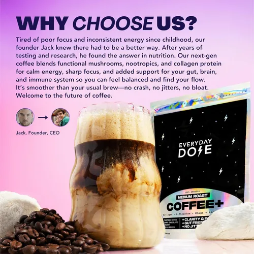 Vista 5 de Everyday Dose Bold - Café de hongos de tostado medio, 90 mg de cafeína por porción con colágeno de ganado alimentado con pasto, chaga, Melena