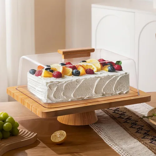 Vista 5 de HBlife Soporte para pasteles con tapa (16.5 pulgadas), soporte multifuncional para pasteles con cúpula acrílica, soporte rectangular de bambú 2 en 1