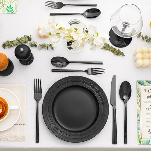 Vista 8 de Juego de cubiertos negros KINGSTONE, juego de 20 piezas de cubertería forjada de acero inoxidable premium, servicio para 4, para cocina, hogar