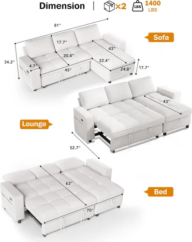 Vista 3 de Vipbear Sofá cama modular de 81 pulgadas con cama extraíble, sofá en forma de L con respaldo reclinable, diván de almacenamiento reversible, puertos