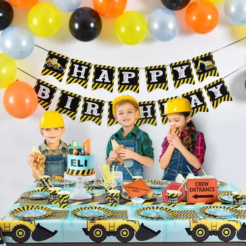 Vista 3 de WERNNSAI Mantel de construcción: 1 paquete de 108 x 54 pulgadas para mesa de camión volquete Suministros de fiesta de cumpleaños con temática