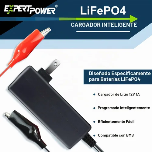 Vista 3 de ExpertPower Cargador inteligente de 12 V 1 A para baterías recargables de ciclo profundo LiFePO4 de litio DC 5521 macho y pinzas de cocodrilo