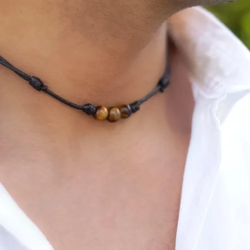 Vista 3 de Luck Strings Collar con colgante de cuentas de piedras preciosas de ojo de tigre con cordón ajustable de nailon de cera - gargantilla unisex