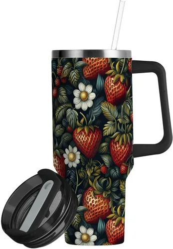 Vista 2 de Botella de agua de viaje de boca ancha con diseño de fresas de frutas, tapa a prueba de fugas y pajita, taza de té decorativa con tapa para agua, té