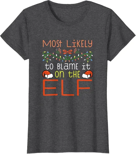 Vista 5 de Camiseta de Navidad familiar a juego con la frase "Most Likely To Blame It On The Elf" Negro