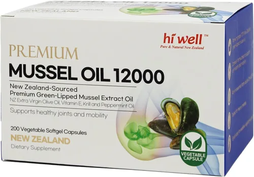 Vista 5 de Hi Well - Aceite de mejillón de labios verdes prémium de Nueva Zelanda/ 200 cápsulas de cápsulas/ Fabricado en Nueva Zelanda/ Procedente de aguas