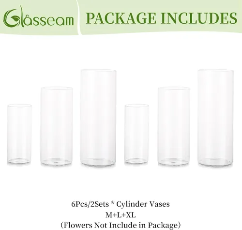 Vista 7 de Glasseam Jarrones cilíndricos transparentes para centros de mesa, juego de 6 jarrones cilíndricos de vidrio, jarrón de huracán para flores