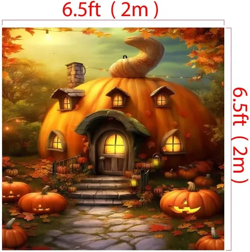Vista 2 de Kate Telón de fondo de Halloween de 6.5 x 6.5 pies, faroles de calabaza impresos por computadora, fondo de tela para fotografía y video, accesorios