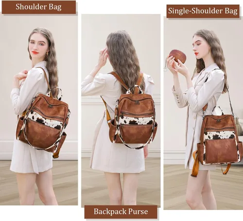 Vista 6 de Mochila de cuero para mujer, bolso de hombro para mujer, bolso de hombro de moda de imitación para trabajo, marrón (Cow Brown), Mediana, Mochila