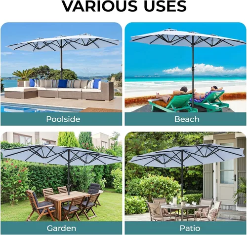 Vista 65 de Sombrilla de doble cara para patio de 15 x 9 pies con base y manivela, sombrilla rectangular extragrande para patio, césped y jardín, beige