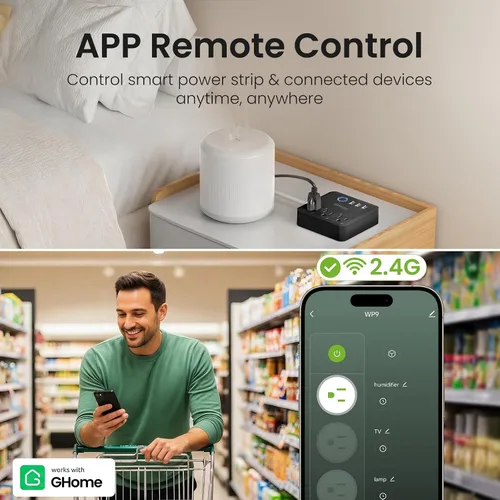 Vista 3 de GHome Smart Regleta de alimentación con 3 salidas WiFi y 3 USB, compatible con Alexa y Google Home, regleta protectora contra sobretensiones