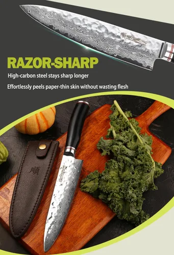 Vista 7 de YOUSUNLONG Cuchillo de chef – Cuchillos de cocina Gyuto de 8 pulgadas – Cuchillo afilado – Acero de Damasco martillado japonés – Mango de ébano