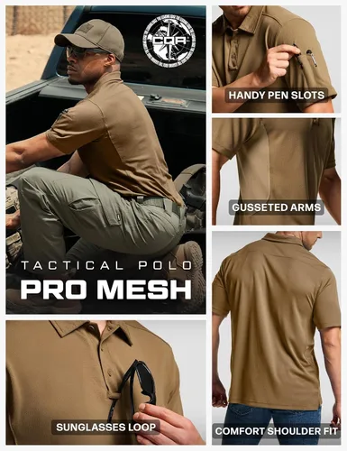 Vista 6 de CQR Camiseta polo táctica para hombre, de manga corta, ligera y con Dry Fit, tela piqué, FPU 50+, para exteriores