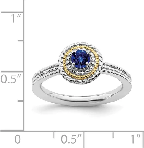 Vista 5 de Anillo de plata de ley 925 maciza y oro amarillo de 14 quilates, apilable, azul zafiro creado, anillo de eternidad