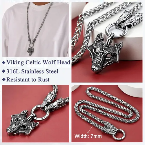 Vista 4 de FaithHeart Collar grueso de collar vikingo nórdico punk, de acero inoxidable, nudo celta, cabeza de lobo, amuleto, joyería de regalo