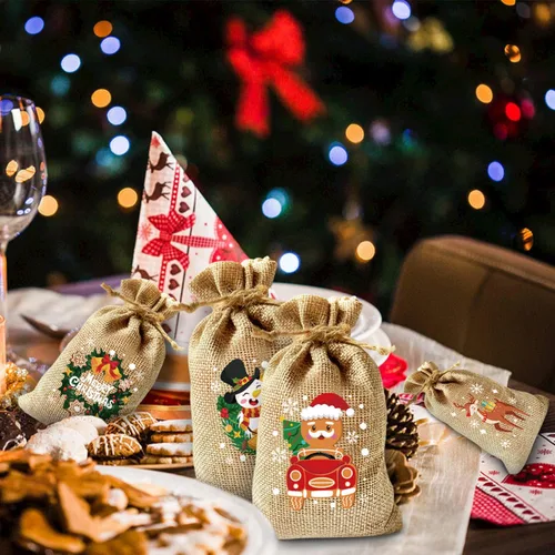 Vista 5 de LOMIMOS 36 Bolsas de Arpillera con Cordón Navideñas, Bolsas Reutilizables de Lino Yute para Regalos Dulces Caramelos Envoltorio Obsequios