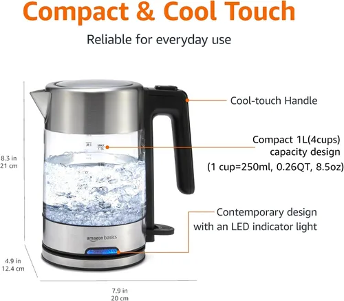 Vista 2 de Amazon Basics Hervidor eléctrico con jarra de vidrio para té y café, sin BPA, ebullición rápida, apagado automático, 1.1 cuartos, 1500W, vidrio