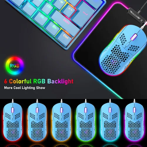 Vista 6 de Combo de teclado y auriculares mecánicos para juegos 60 con retroiluminación arco iris antifantasma 61 teclas micrófono ajustable de 6400 DPI